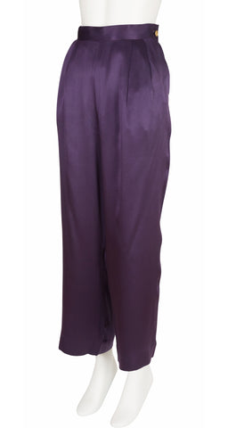 1990s Dark Purple Silk Button-Up Shirt & Pant Set