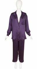 1990s Dark Purple Silk Button-Up Shirt & Pant Set