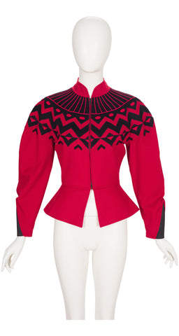 1986-87 F/W Geometric Appliqué Red Wool Peplum Jacket