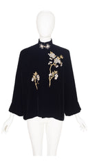 1960s Floral Embroidered Black Silk Velvet Evening Jacket