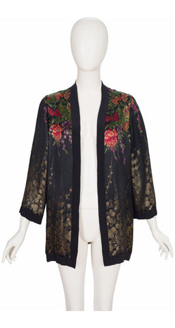 1978 F/W Art Deco-Style Floral Black & Gold Silk Lamé Jacket