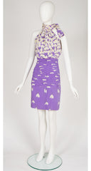 1985 S/S Snowdrop Print Purple Silk Cocktail Dress