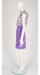 1985 S/S Snowdrop Print Purple Silk Cocktail Dress