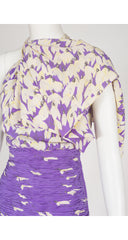 1985 S/S Snowdrop Print Purple Silk Cocktail Dress