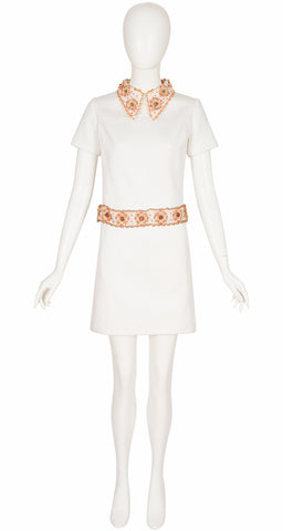 1960s Embellished White Cotton Gabardine Mini Shift Dress