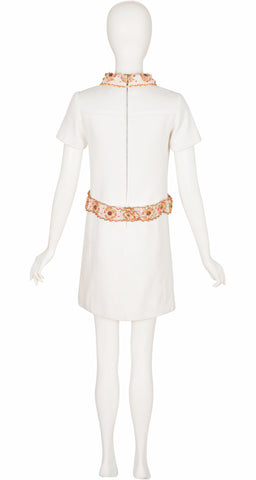 1960s Embellished White Cotton Gabardine Mini Shift Dress