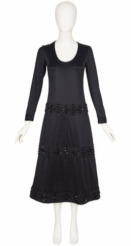 1970s Black Beaded Jersey A-Line Evening Dress