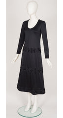 1970s Black Beaded Jersey A-Line Evening Dress