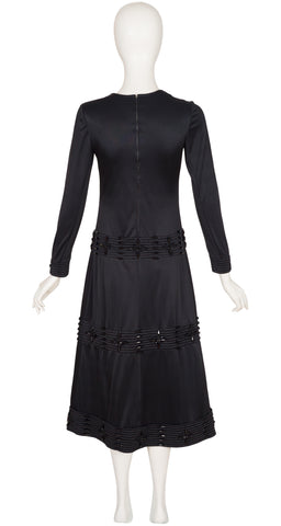 1970s Black Beaded Jersey A-Line Evening Dress