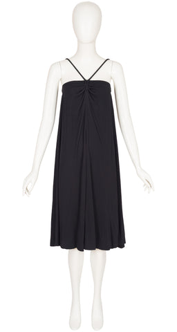 1970s Black Jersey Spaghetti Strap Trapeze Dress