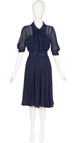 1970s Navy Silk Chiffon Collared Shirt Dress