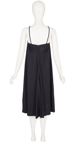 1970s Black Jersey Spaghetti Strap Trapeze Dress