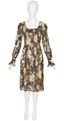 1970s Peony Print Voile Cut-Out Sleeve Dress