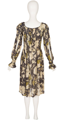 1970s Peony Print Voile Cut-Out Sleeve Dress