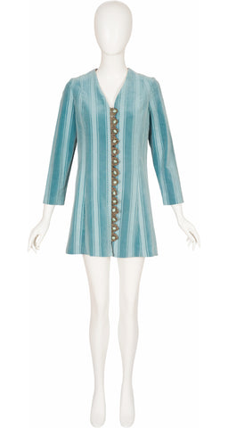 1960s Powder Blue Striped Cotton Velvet Tunic Dress