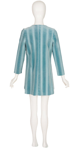 1960s Powder Blue Striped Cotton Velvet Tunic Dress