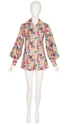 1970s Plaid Patchwork Print Bishop Sleeve Romper