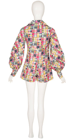 1970s Plaid Patchwork Print Bishop Sleeve Romper