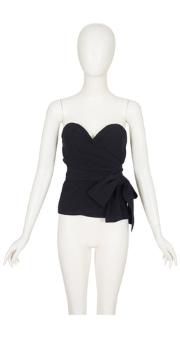 1990s Black Viscose Crepe Bow Bustier Top