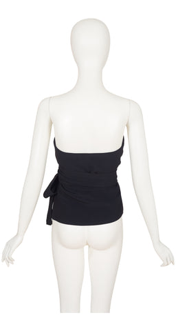 1990s Black Viscose Crepe Bow Bustier Top