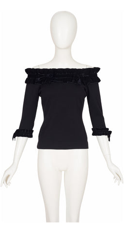 1990s Black Velvet Bow Trim Wool Jersey Top