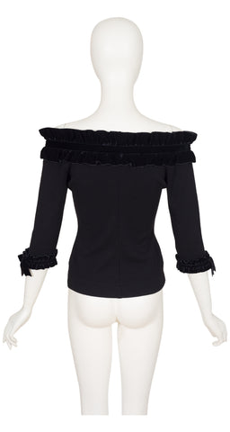 1990s Black Velvet Bow Trim Wool Jersey Top