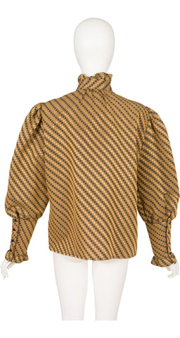 1980s Checkered Silk Jacquard Bishop Sleeve Blouse