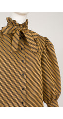 1980s Checkered Silk Jacquard Bishop Sleeve Blouse