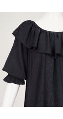 1970s Black Silk Jacquard Ruffle Collar Puff Sleeve Blouse
