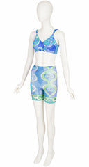 1960s Printed Blue & Green Three-Piece Lingerie Set