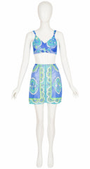 1960s Printed Blue & Green Three-Piece Lingerie Set