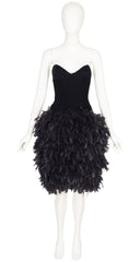 1990s Black Velvet Bustier Feather Skirt Party Dress