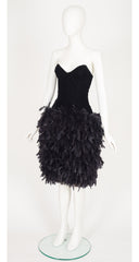 1990s Black Velvet Bustier Feather Skirt Party Dress