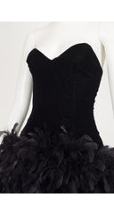 1990s Black Velvet Bustier Feather Skirt Party Dress