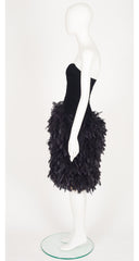 1990s Black Velvet Bustier Feather Skirt Party Dress