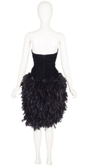 1990s Black Velvet Bustier Feather Skirt Party Dress