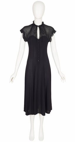 1970s Ossie Clark Design Black Moss Crepe Tie-Neck Dress