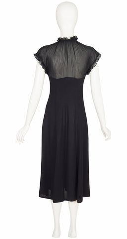 1970s Ossie Clark Design Black Moss Crepe Tie-Neck Dress