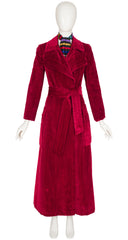 1970s Dark Red Velvet Belted Maxi Coat