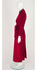 1970s Dark Red Velvet Belted Maxi Coat