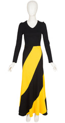 1971 Black & Yellow Diagonal Stripe Jersey Maxi Dress