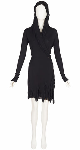 2000s Black Rayon Jersey Fringe Trim Hooded Wrap Dress