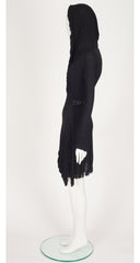 2000s Black Rayon Jersey Fringe Trim Hooded Wrap Dress