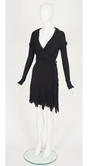 2000s Black Rayon Jersey Fringe Trim Hooded Wrap Dress