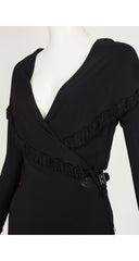 2000s Black Rayon Jersey Fringe Trim Hooded Wrap Dress