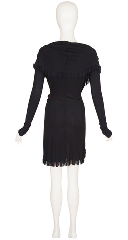 2000s Black Rayon Jersey Fringe Trim Hooded Wrap Dress