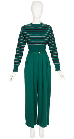 1980s Striped Green Wool Sweater & Wide-Leg Trouser Set