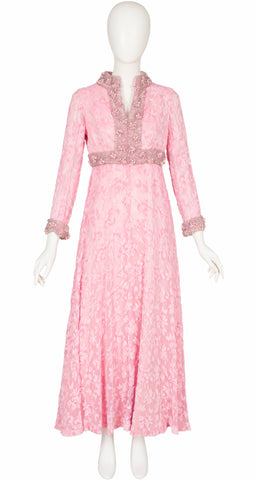 1960s Embellished Pink Floral Silk Devoré Evening Gown