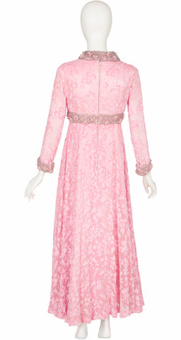 1960s Embellished Pink Floral Silk Devoré Evening Gown