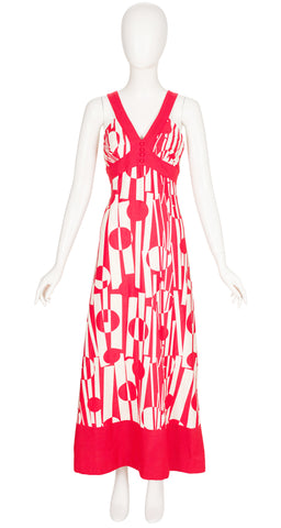 1970s Op Art Red & Cream Cotton Maxi Dress